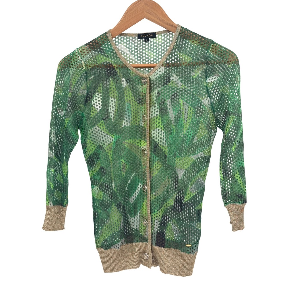 Vintage Escada Cardigan Sweater Women Small Green Gold Mesh Abstract Button Up
